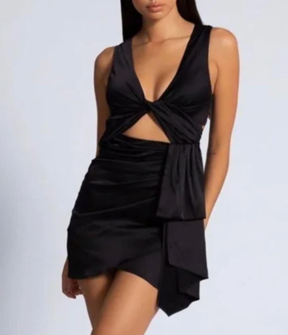 NWT Meshki Melody Satin Mini Dress Black Cutout Twist Front Bodycon Party XS